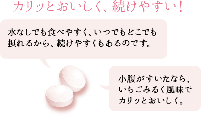 水なしでも食べやすく、いつでもどこでも 摂れるから、続けやすいくもあるのです。