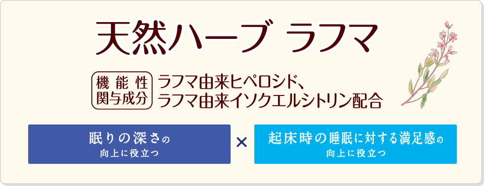 天然ハーブ ラフマ 機能性関与成分 ラフマ由来ヒペロシド、ラフマ由来イソクエルシトリン配合 眠りの深さの向上に役立つ ✕ 起床時の睡眠に対する満足感の向上に役立つ